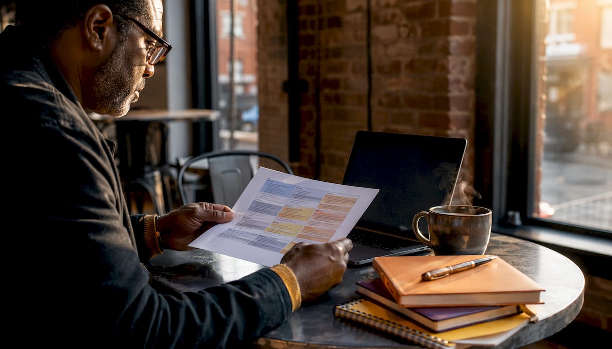 Hands pointing at AI audit prompts on café table