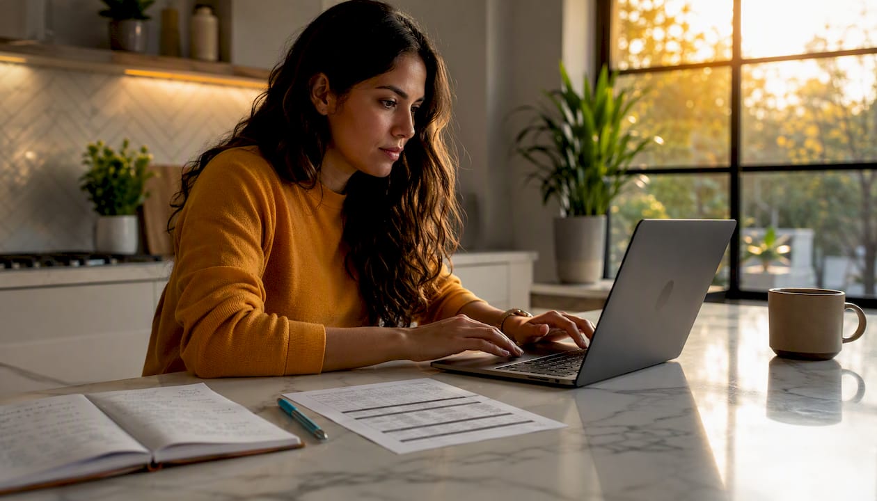 Woman typing audit log with checklist in office