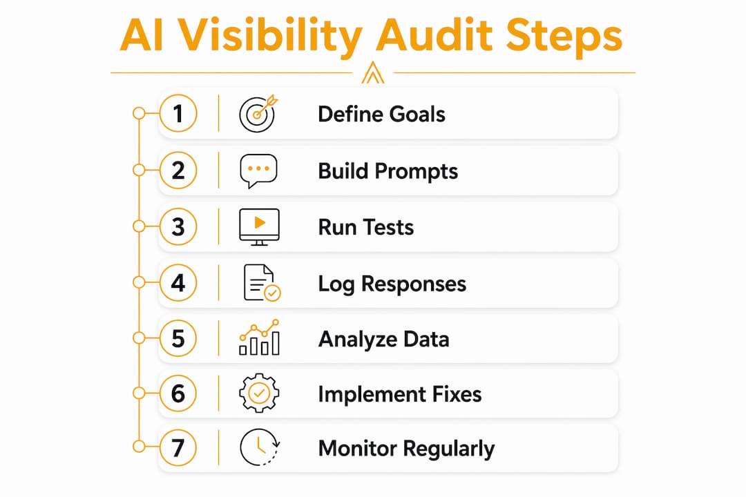 Infographic outlining AI visibility audit step-by-step process