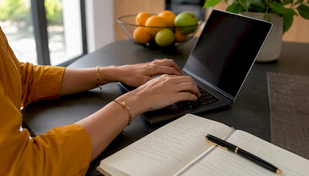 Hands typing near notes in home office