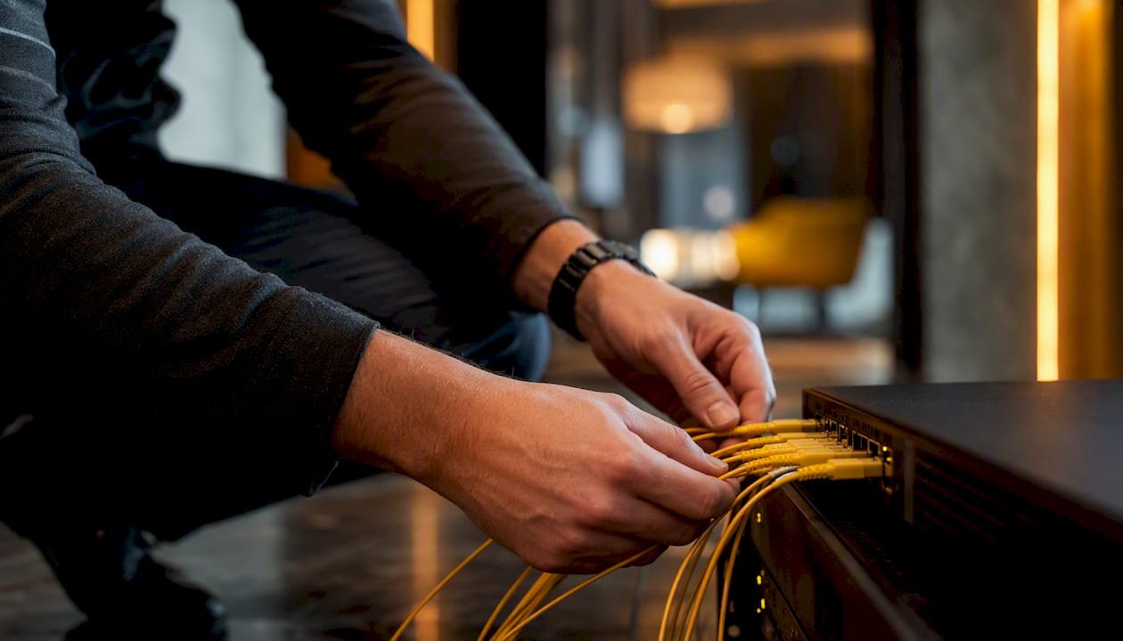 Hands connecting network cables for data integration
