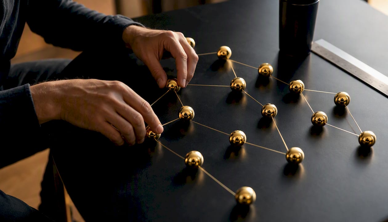 Hands arranging golden data tokens on black surface