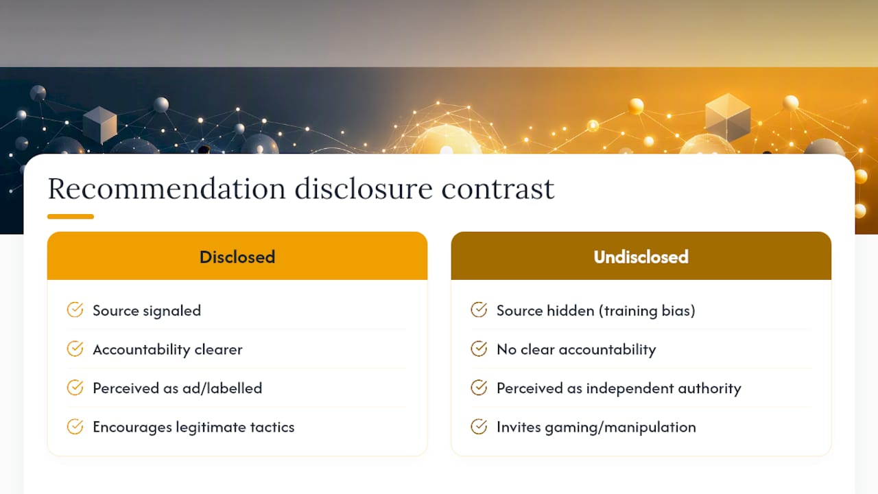 Should AI Assistants Disclose Why They Recommend a Brand? — overview diagram