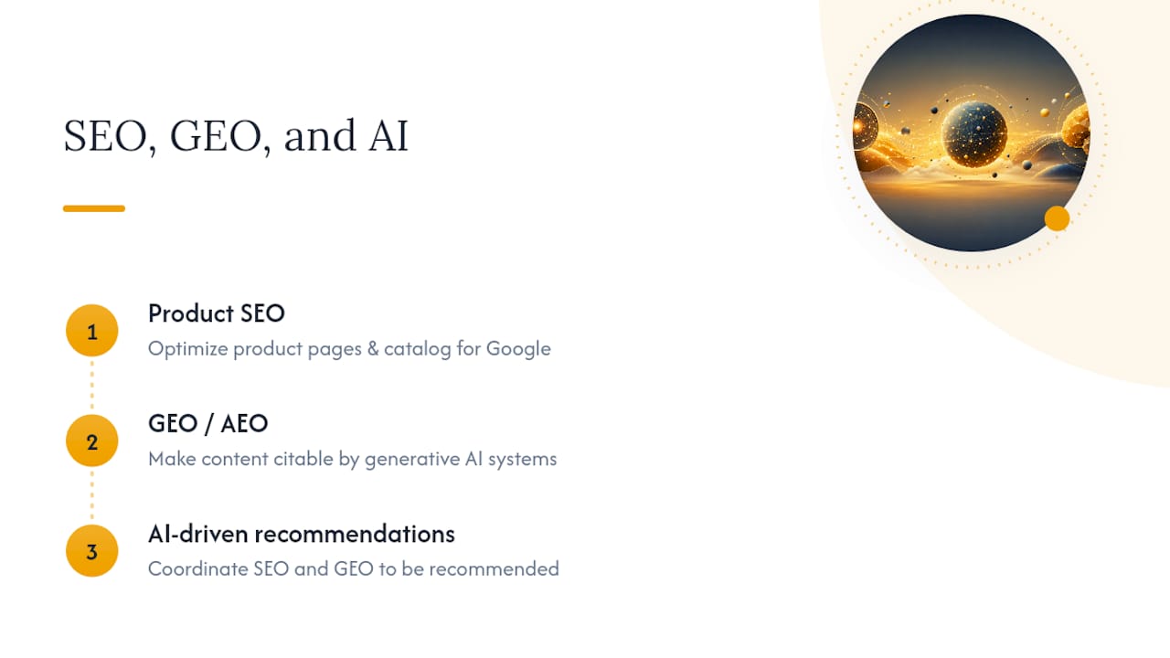 Product SEO, GEO, and AEO: Getting the Definitions Straight — overview diagram