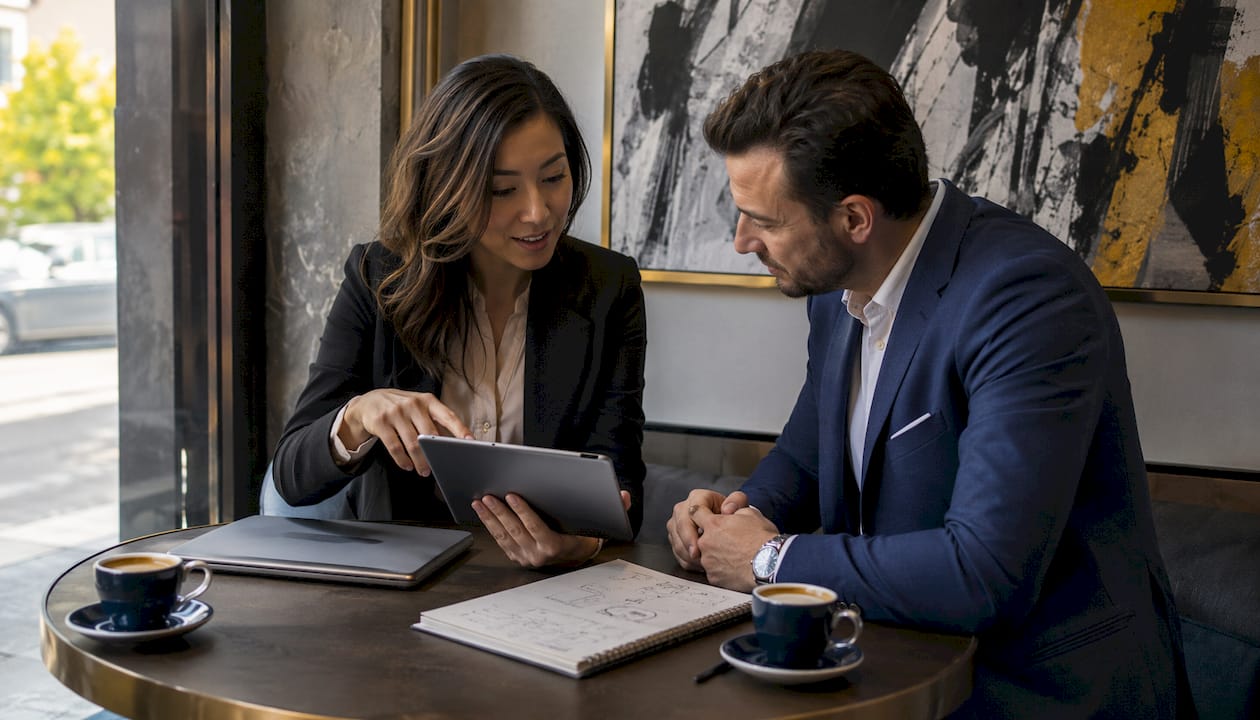 Real estate agents collaborating in café