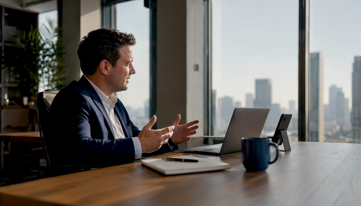 Hands using AI CRM in office