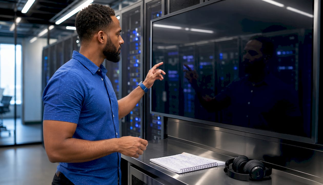 Technician interacting with call center AI dashboard