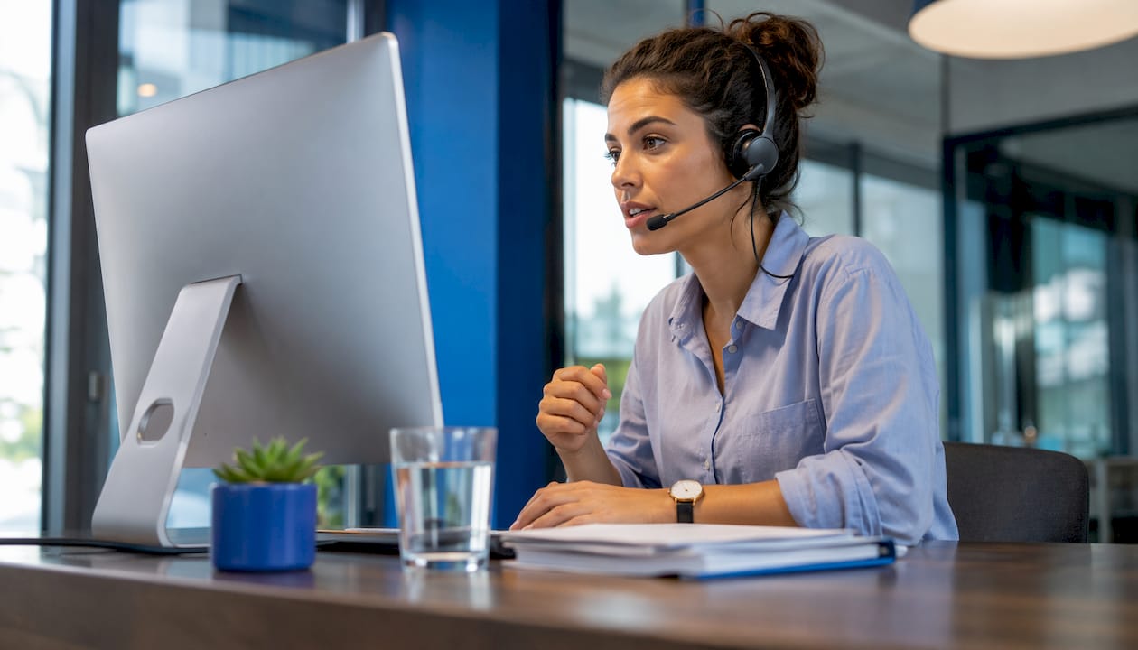 Woman using AI voice support headset in office