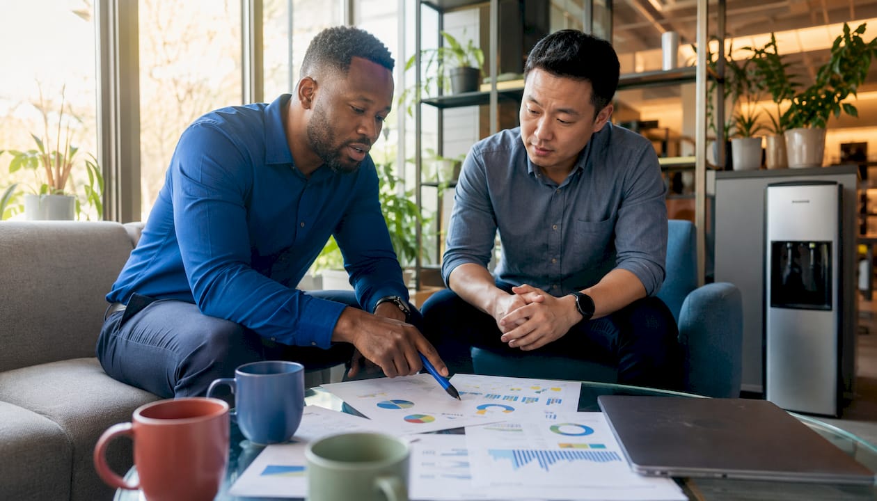 Two men discussing AI support tool charts