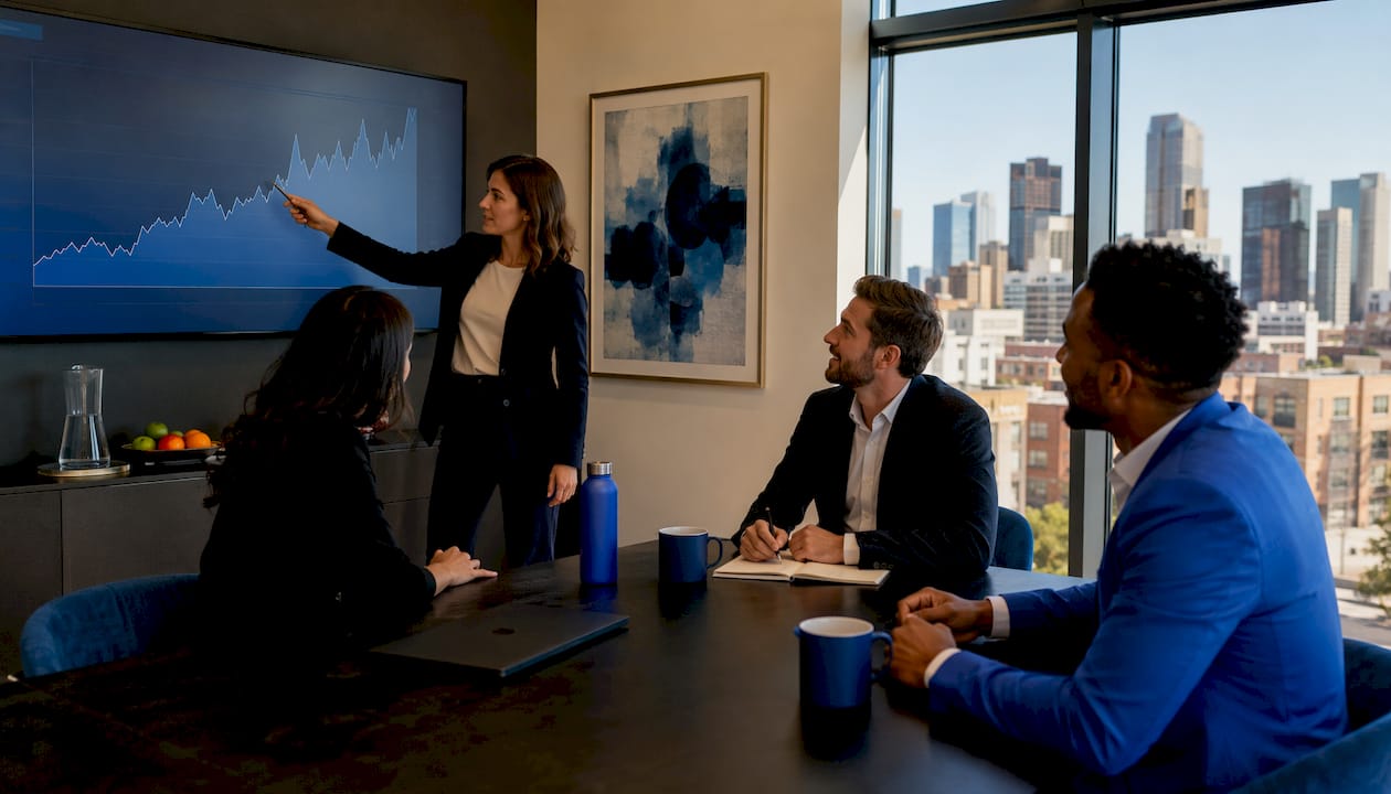 Sales team discussing strategy around table in Denver office