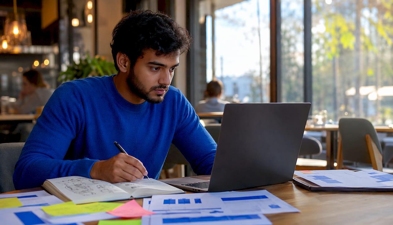 Man analyzing lead alerts at co-working desk