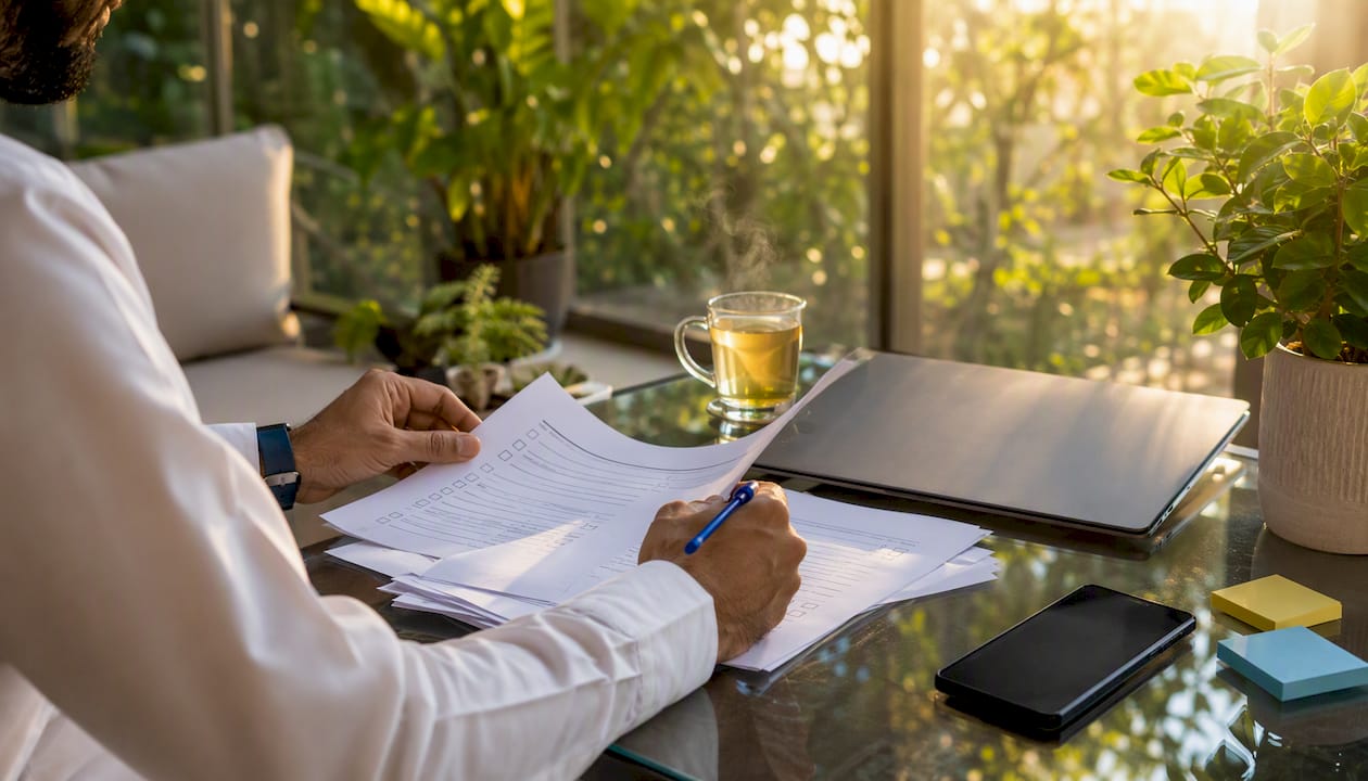 Hands marking CRM hygiene checklist in home office