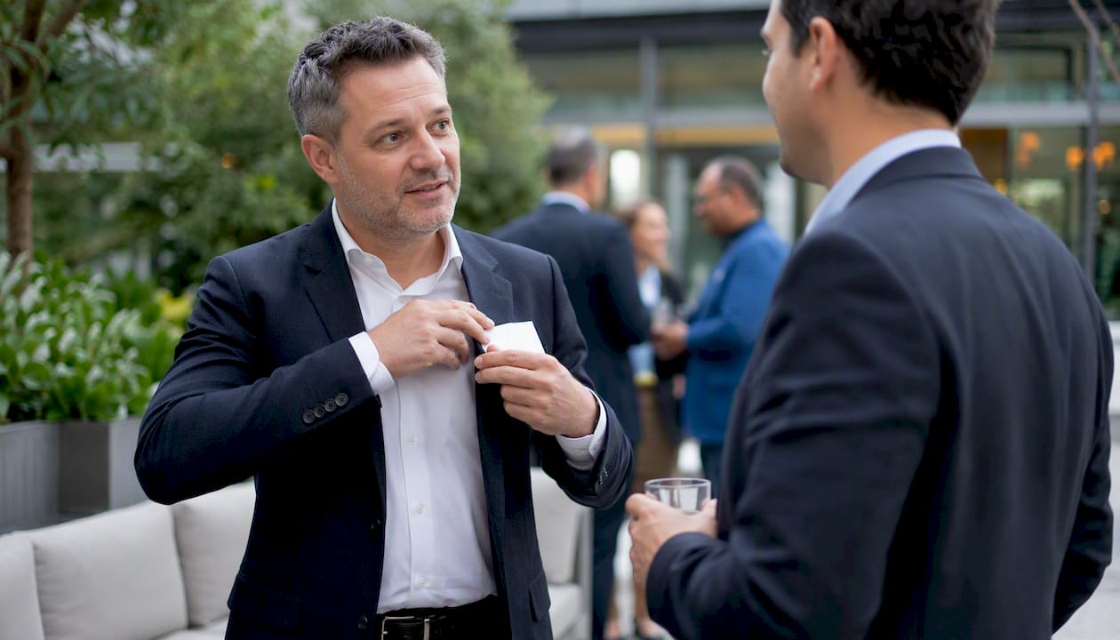 Executive collecting a conference name badge