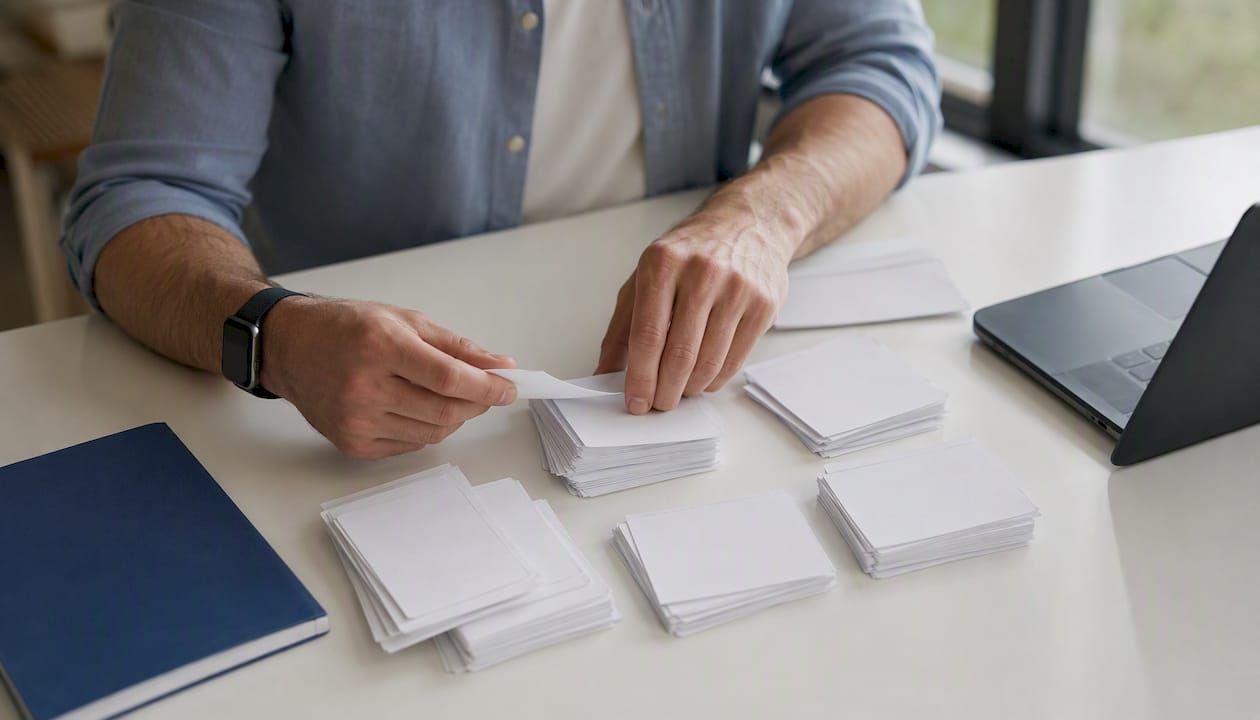 Hands organizing sales data cards on desk