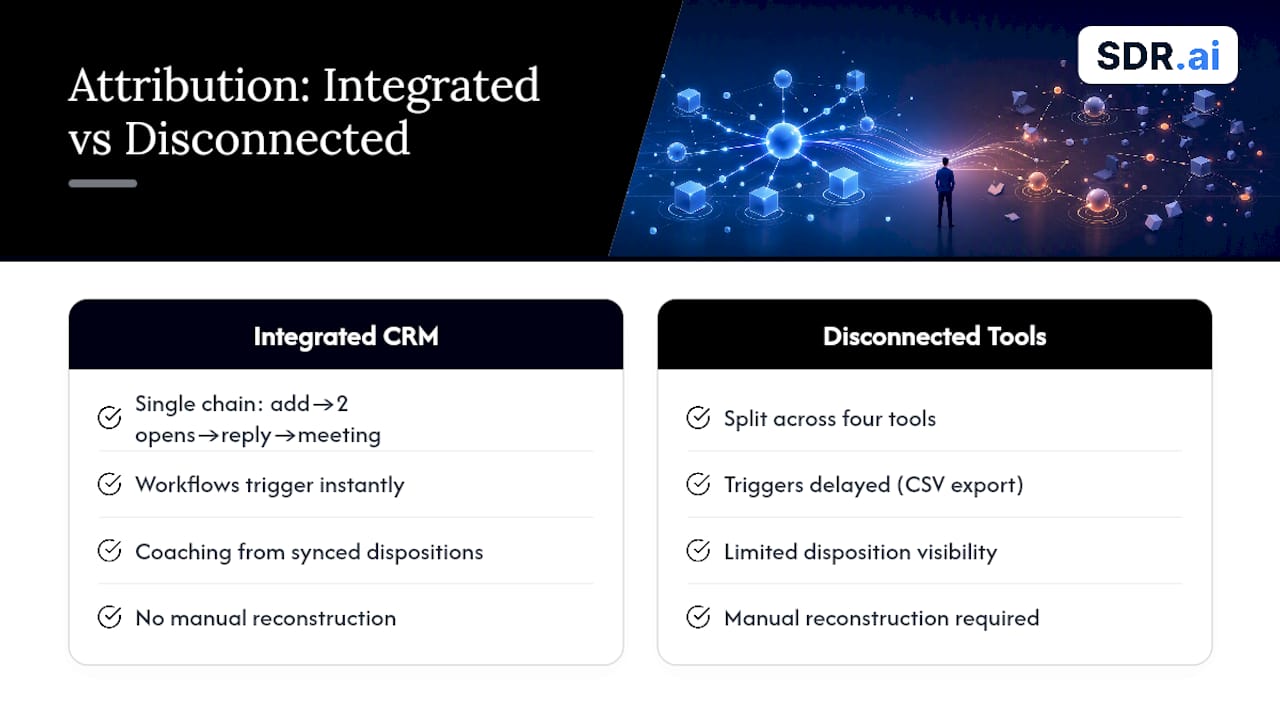 Outbound activity flowing into one CRM attribution chain