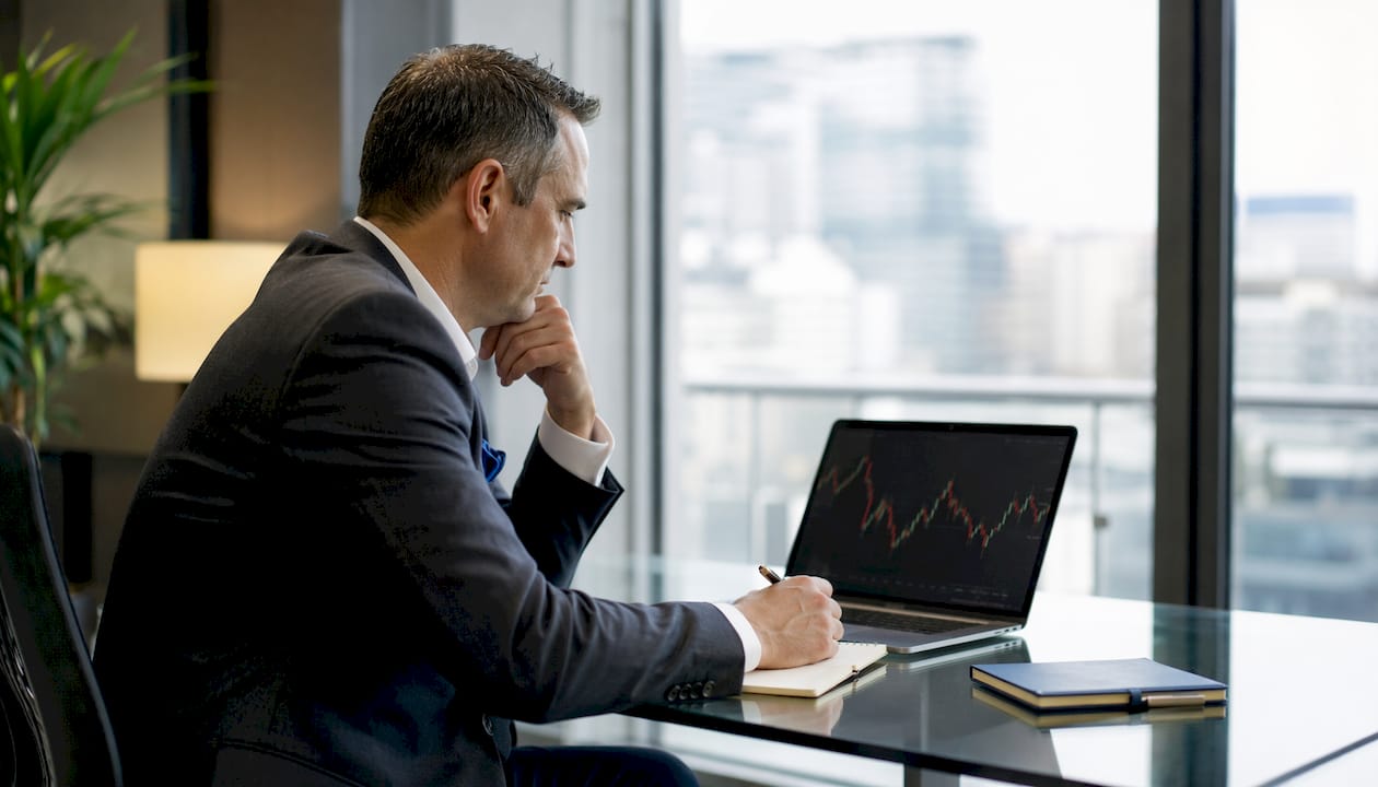 Hands reviewing bar chart report in conference room