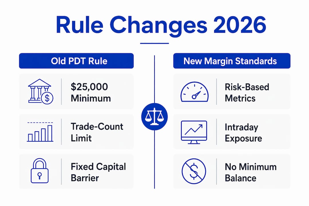 Infographic comparing old and new pattern day trader rules in 2026