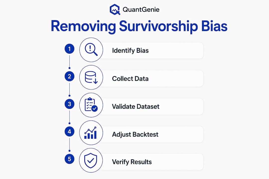 Infographic illustrating steps to remove survivorship bias