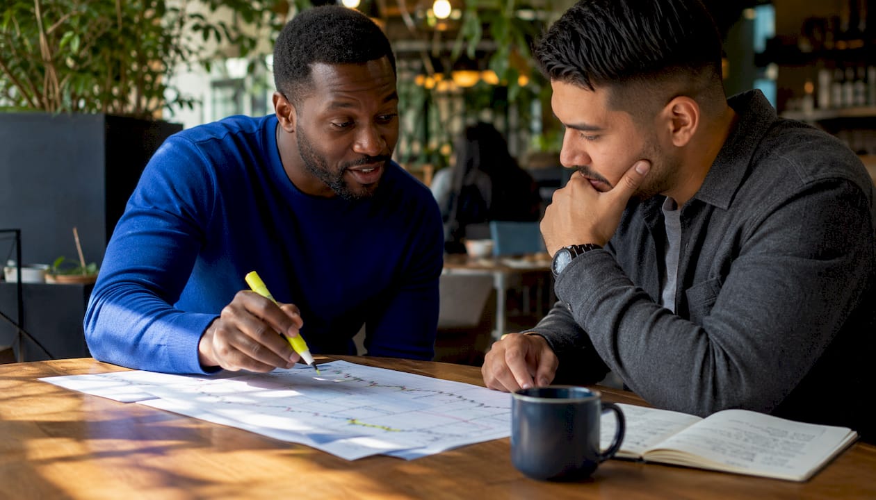 Two traders discussing chart ideas at cafe