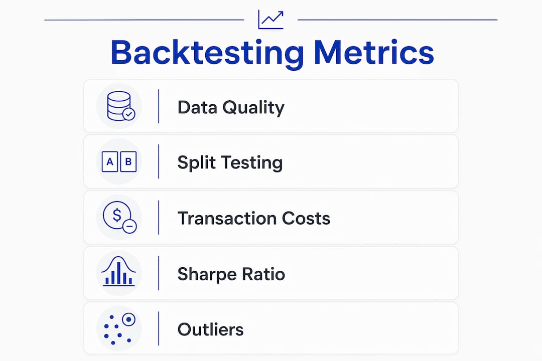Infographic visualizing key backtesting metrics for AI trading platforms