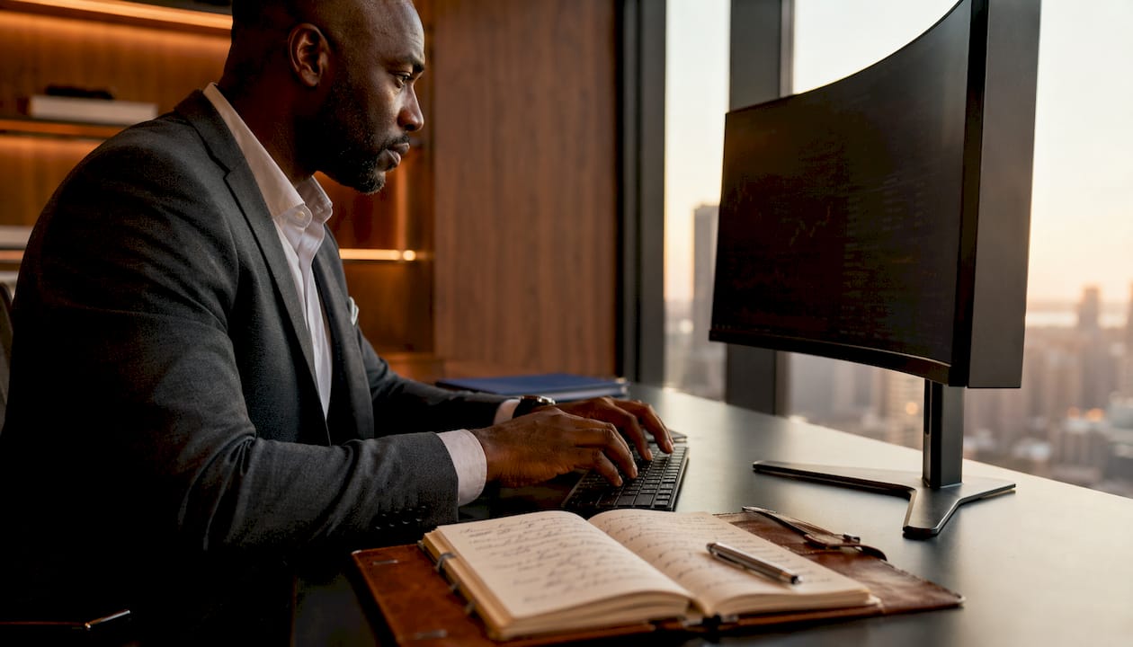 Hands typing on keyboard near trading workstation