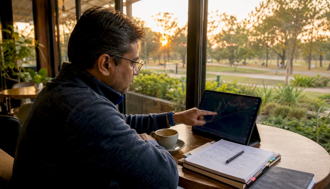 Trader analyzing dual monitors in office