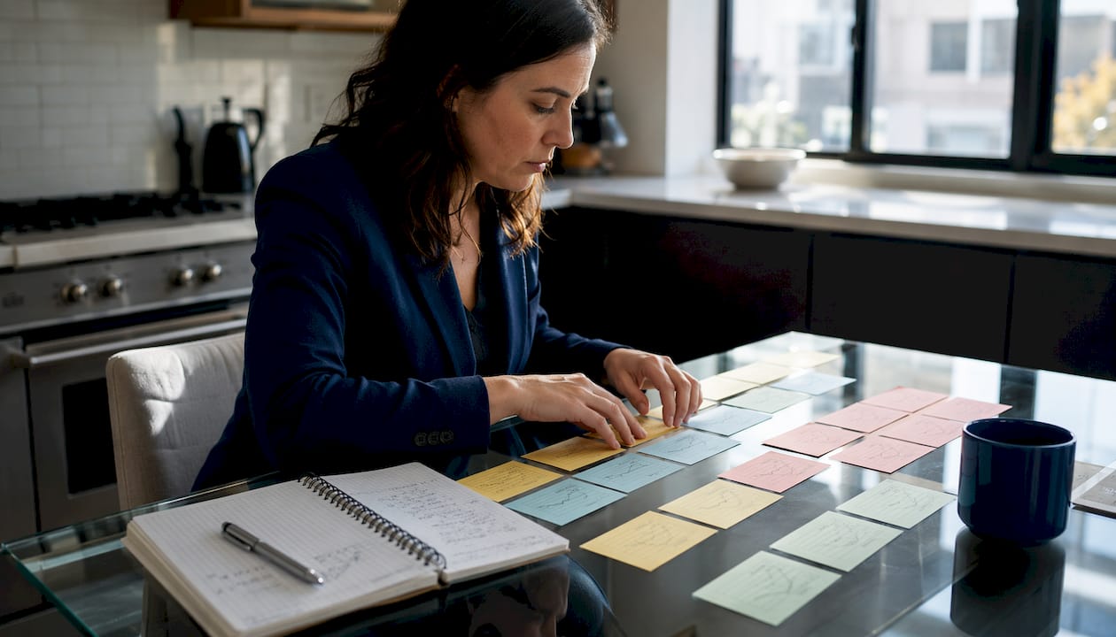Hands organizing data cards on wooden table