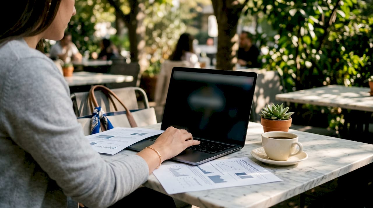 Hands working on strategy backtesting reports at café table