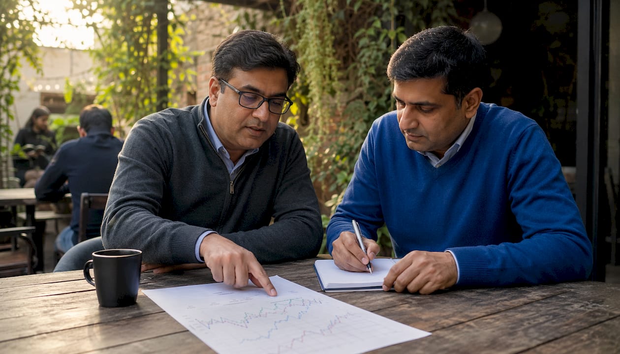 Two traders discussing pairs trading strategy