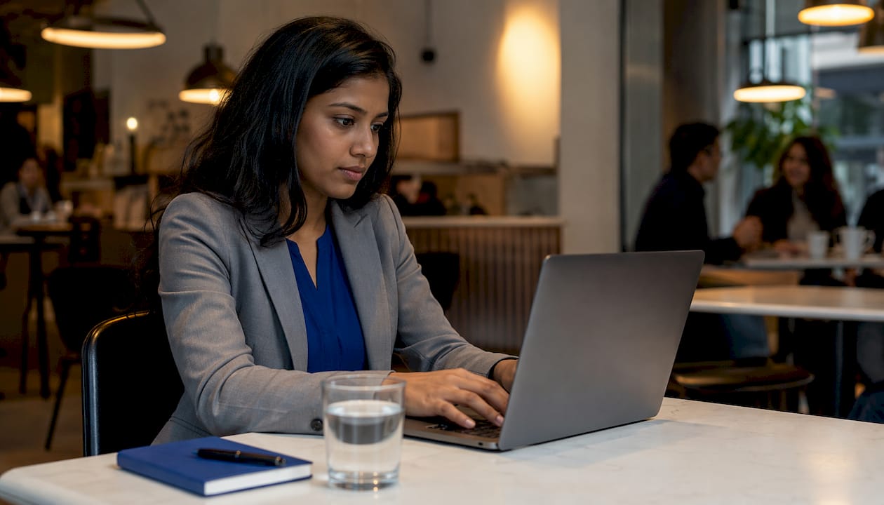 Hands typing on laptop during LLM forecast evaluation