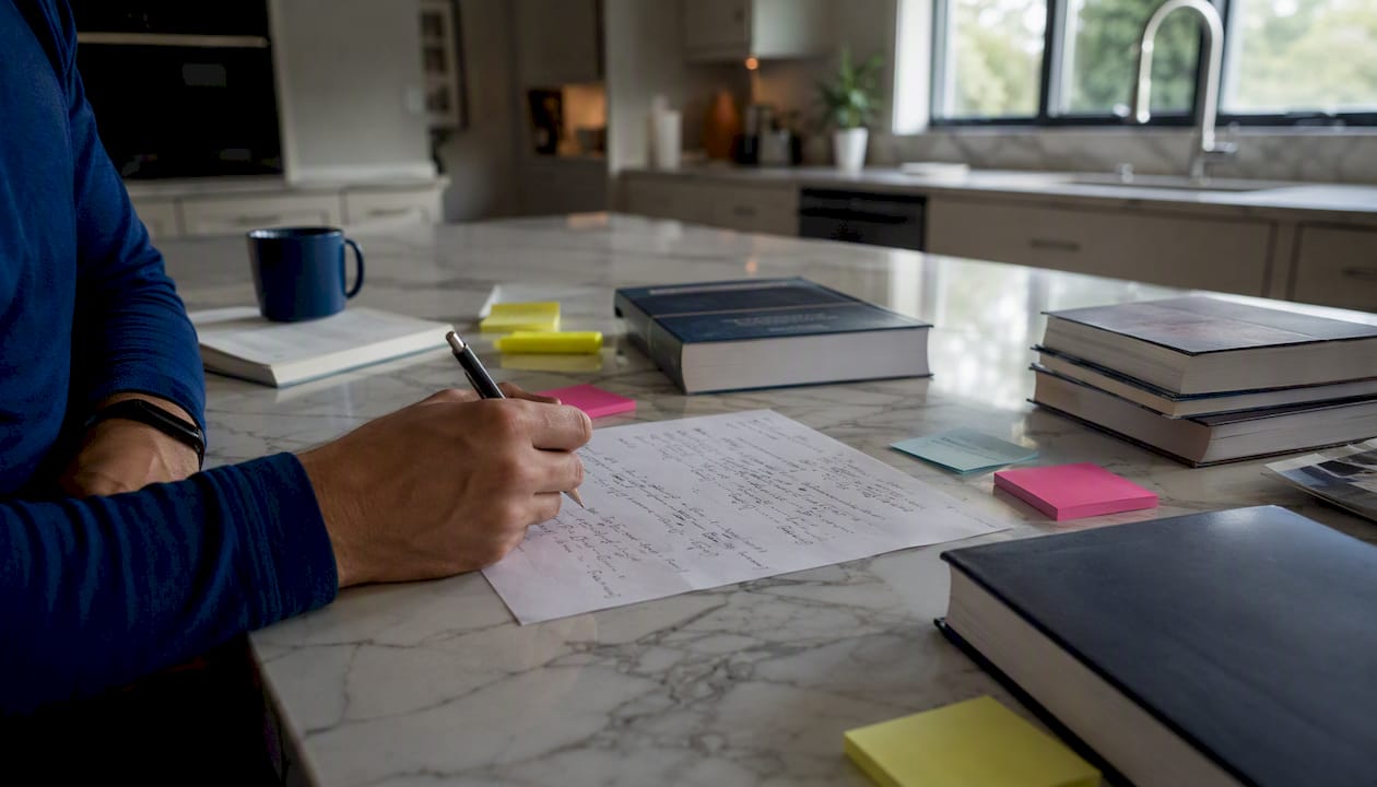 Hands writing risk of ruin calculations on paper