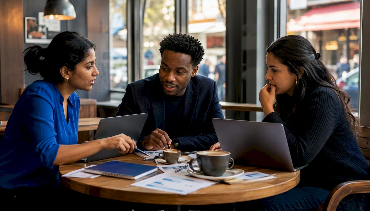 Diverse traders discussing strategies around table