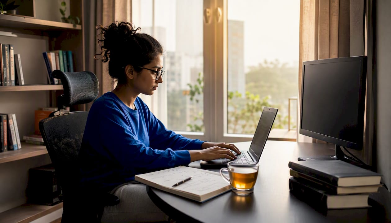 Woman coding trading algorithm at home desk