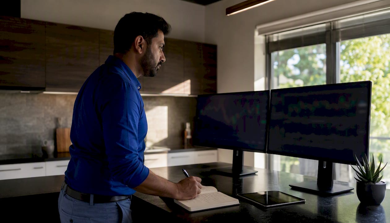 Trader monitoring paper trades on dual monitors