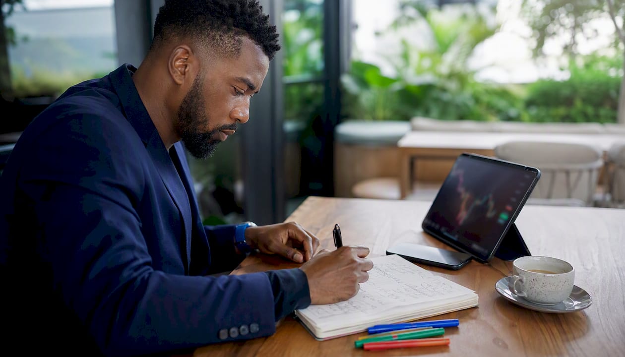 Hands designing trading algorithm rules on notebook