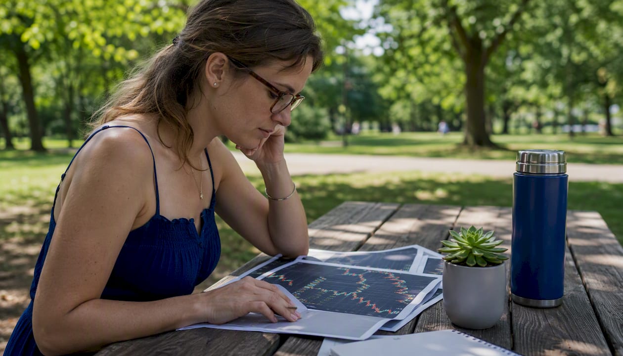 Forex trader preparing market analysis in café
