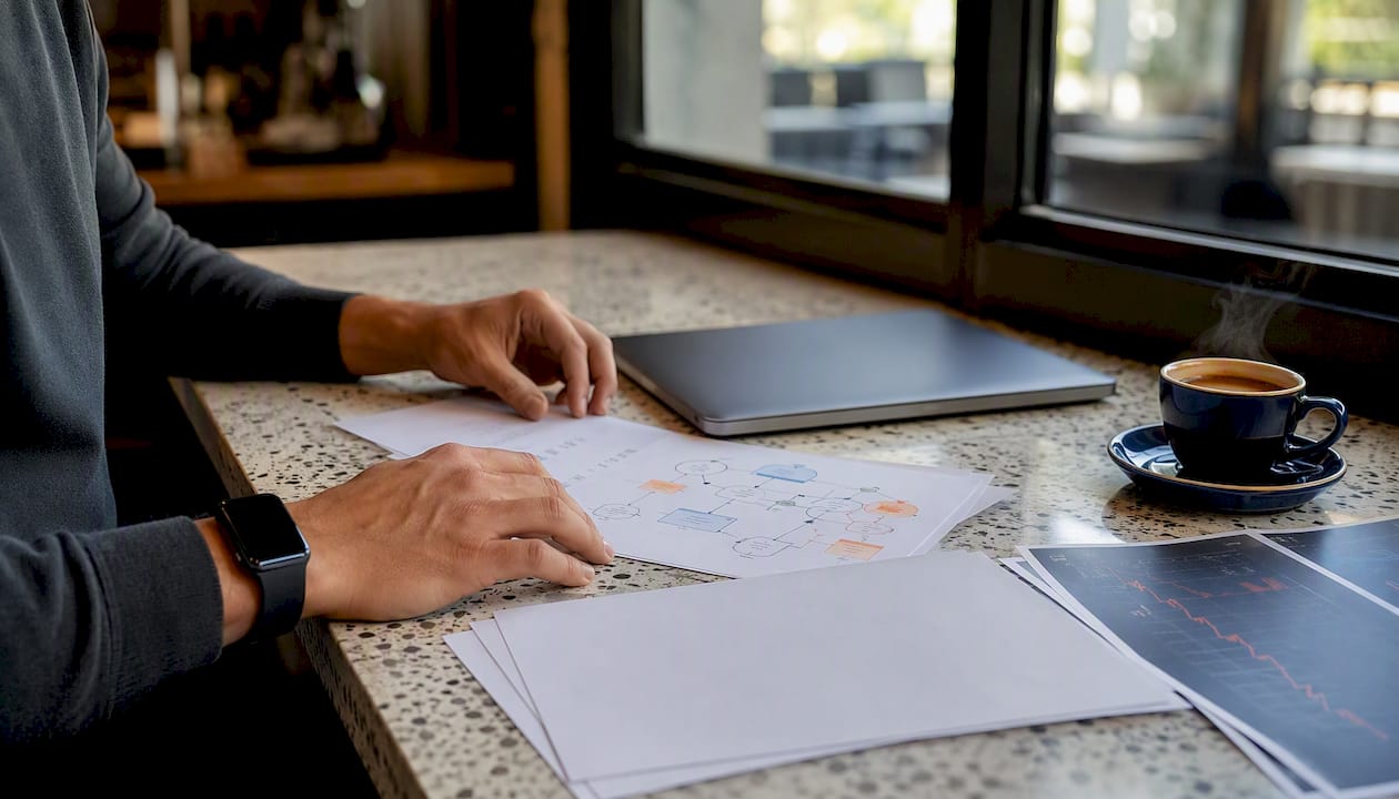 Trader hands planning algo strategy with papers