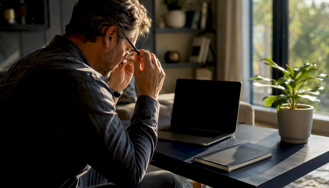 Investor's hands, glasses, laptop, calendar on desk