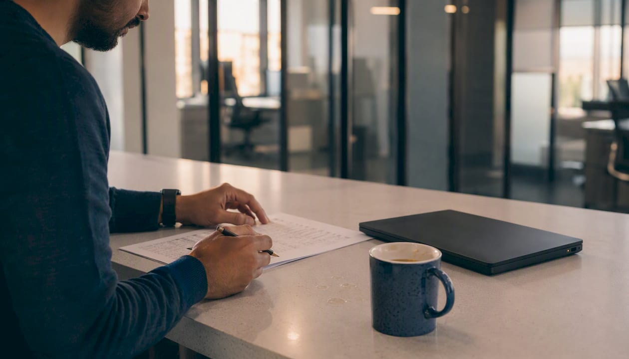 Hands adjusting trading algorithm model on desk