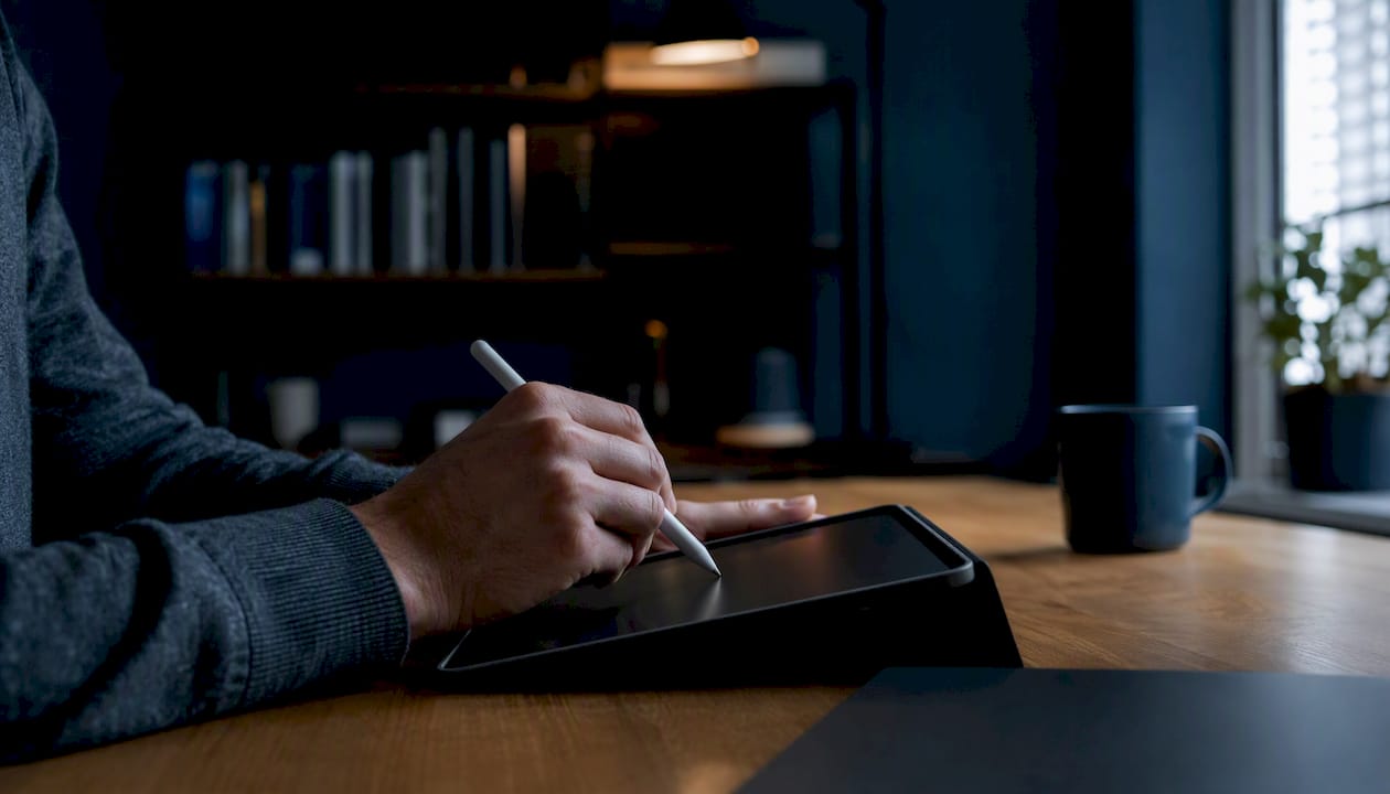 Trader's hands interacting with dark tablet