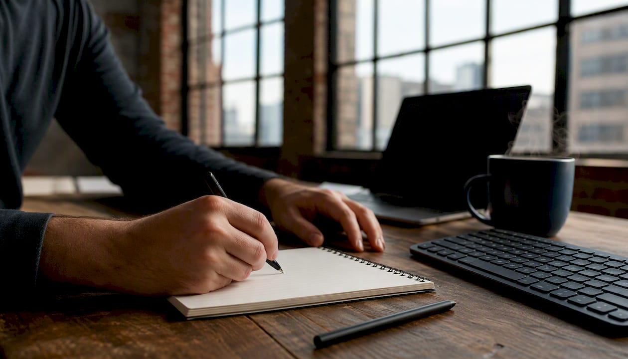 Hands drafting trading rules on notepad
