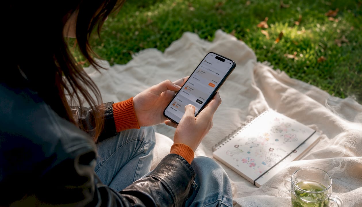 Hands scrolling scheduling app on smartphone at cafe