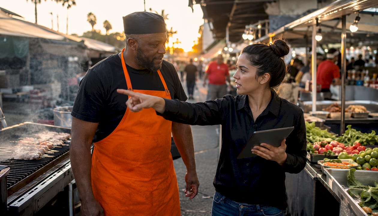 Cook and manager discussing same-day restaurant hire