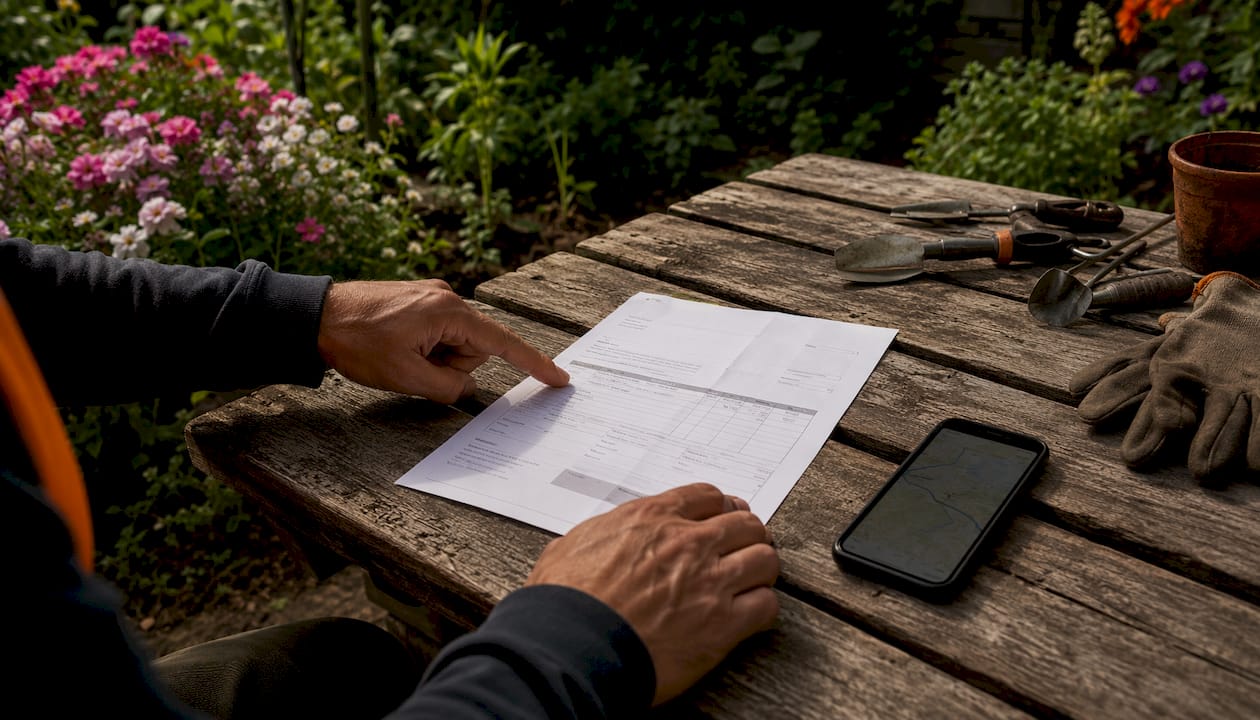 Hands with handyman invoice and smartphone map outdoors