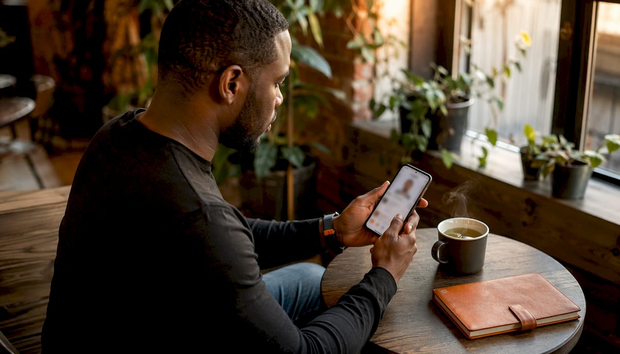 Hands browsing bilingual job marketplace on phone