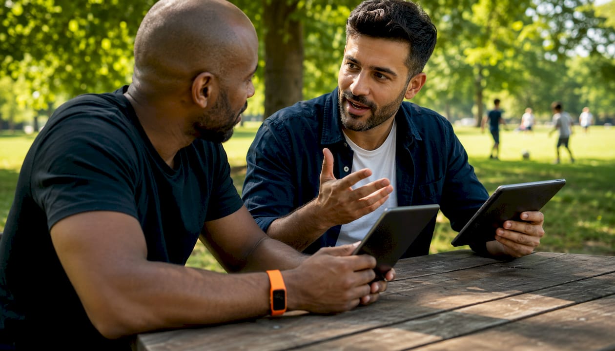 Two men discussing bilingual hiring platforms