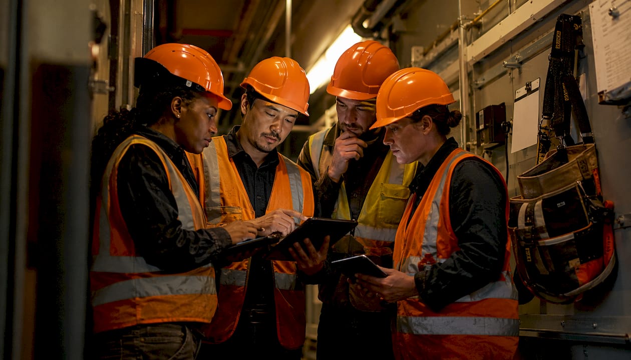 Diverse factory workers discussing safety checklists