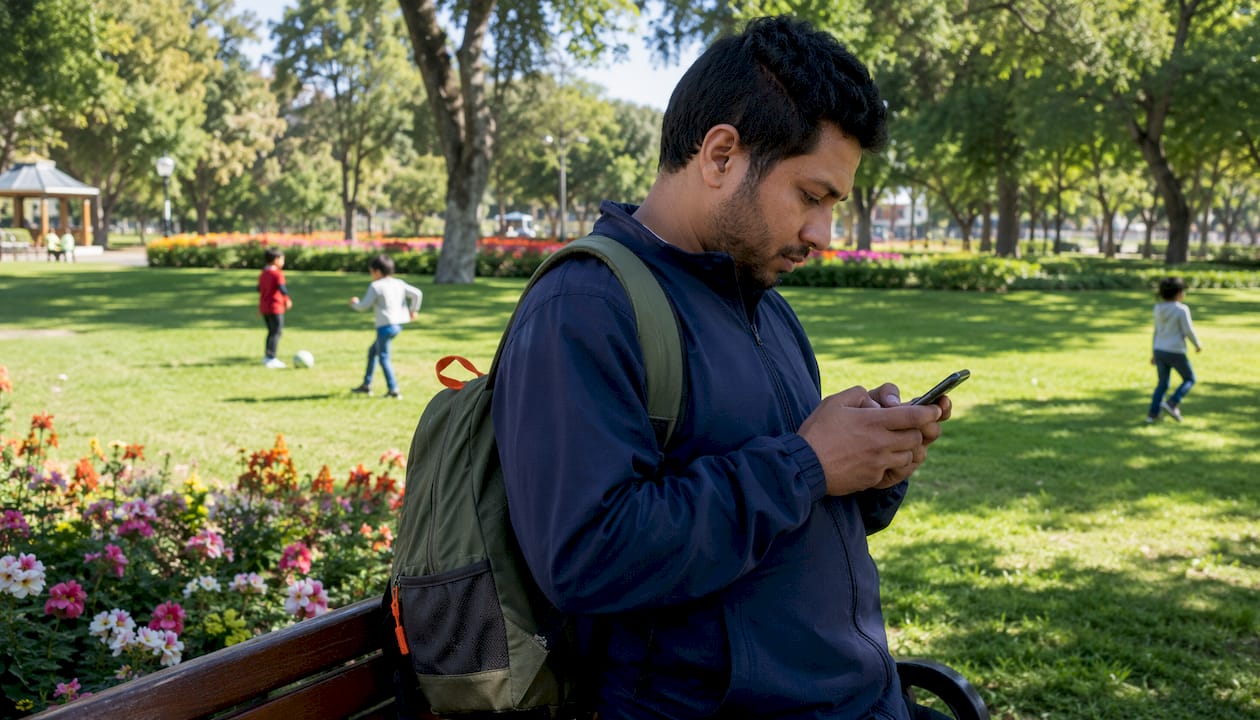 Bilingual worker using hiring app outdoors
