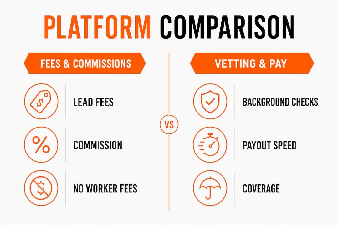 Infographic comparing gig platform fees, vetting, and payout