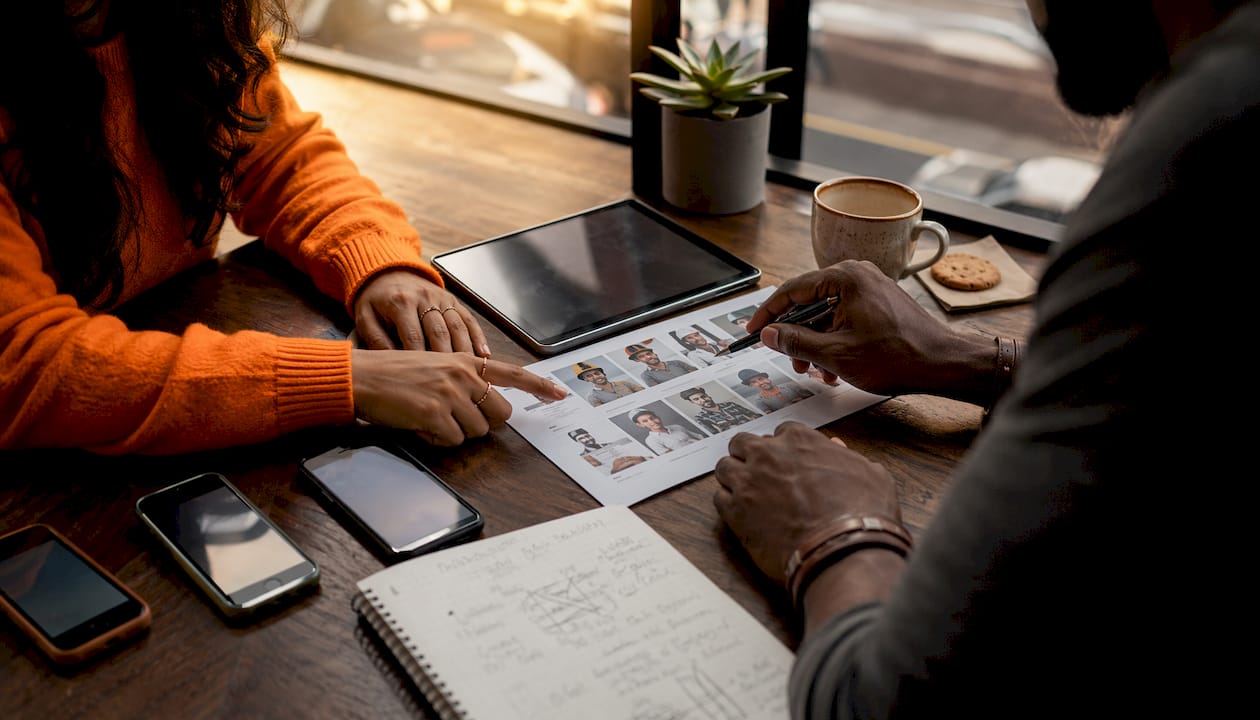 Contractors collaborating around job profiles overhead